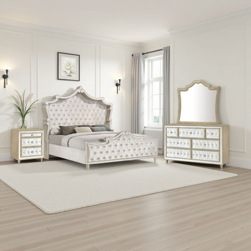 Lino 4 Piece Queen Bedroom Set, Classic Ivory White Velvet Upholstery, Queen