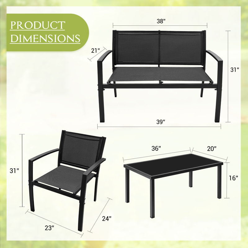 Onika 4 Piece Patio Conversation Set, Black