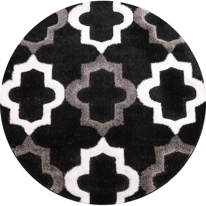 Tapis noir à poils longs Ed Edsonon, Rond 7 pi 7 po