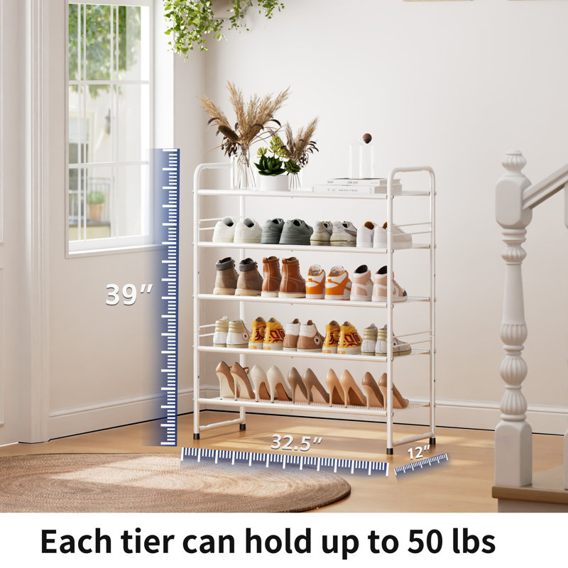 5-Tier Metal Shoe Rack 25 Pair, 33'' Wide Shoe Storage for Closet, White
