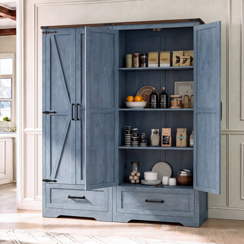 Armoire de cuisine de 183 cm (72 po) avec double porte de grange, rangement de cuisine de style campagnard avec étagères et tiroir réglables