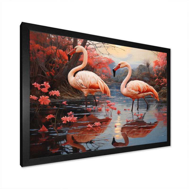 Flamant flamant rose pastel - imprimé, H 16 po x l 32 po x P 1 po, Cadre simple noir