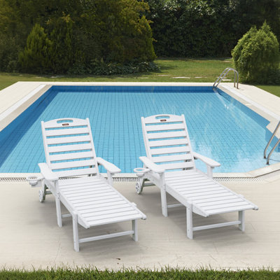 Outdoor Wood Texture Pool Reclining Lounge Chaise  With Wheels & Cup Holder (Set of 2)