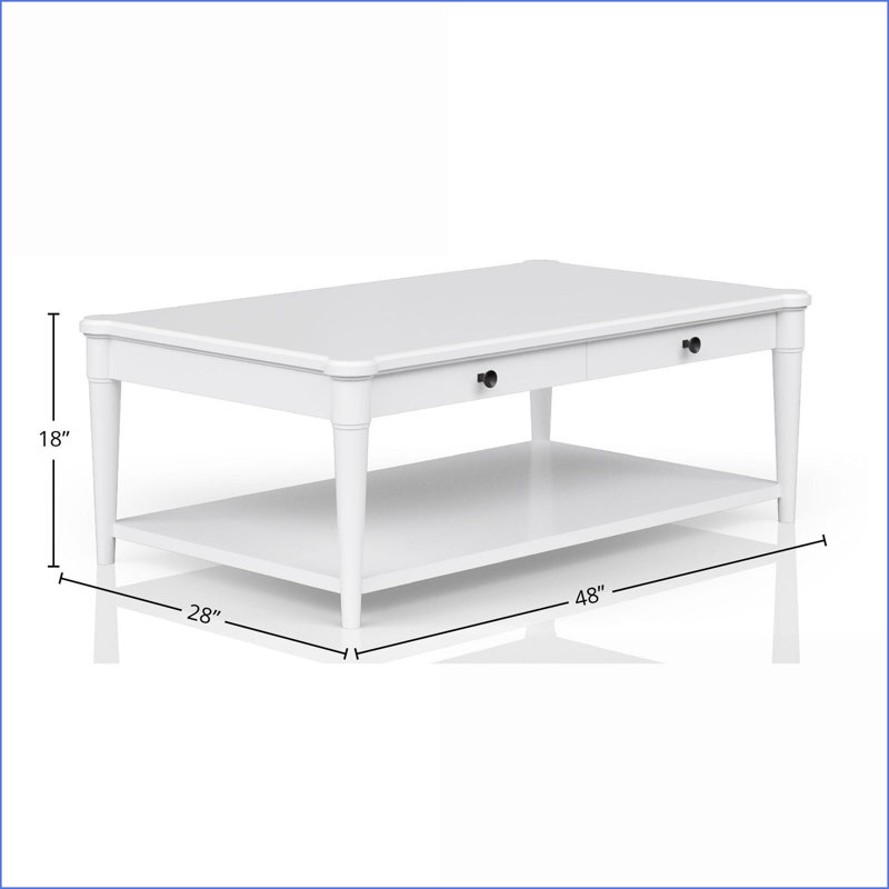 Table basse de salon blanche transitionnelle avec 2 tiroirs Roulettes, rangement peu encombrant