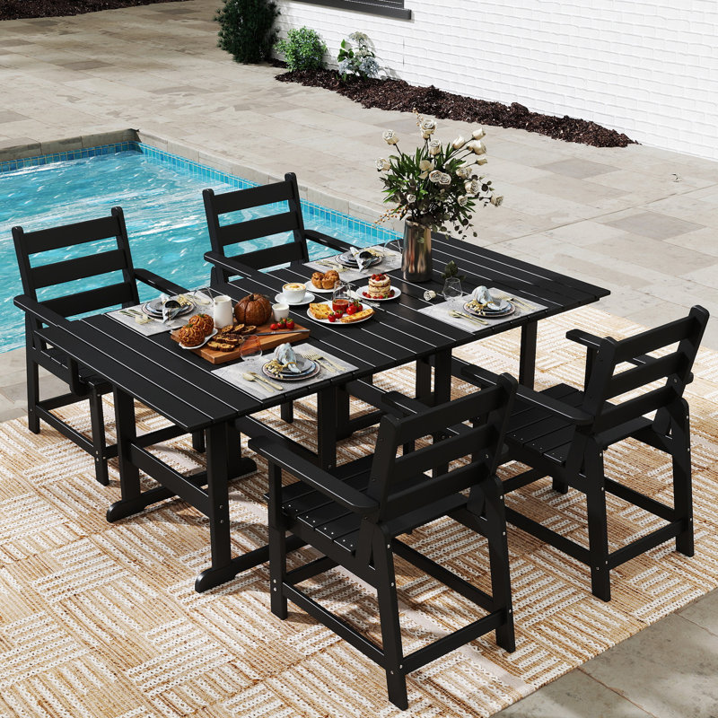 5-Piece-HDPE Outdoor-Table-And-Chairs With Removable Armrests, Black