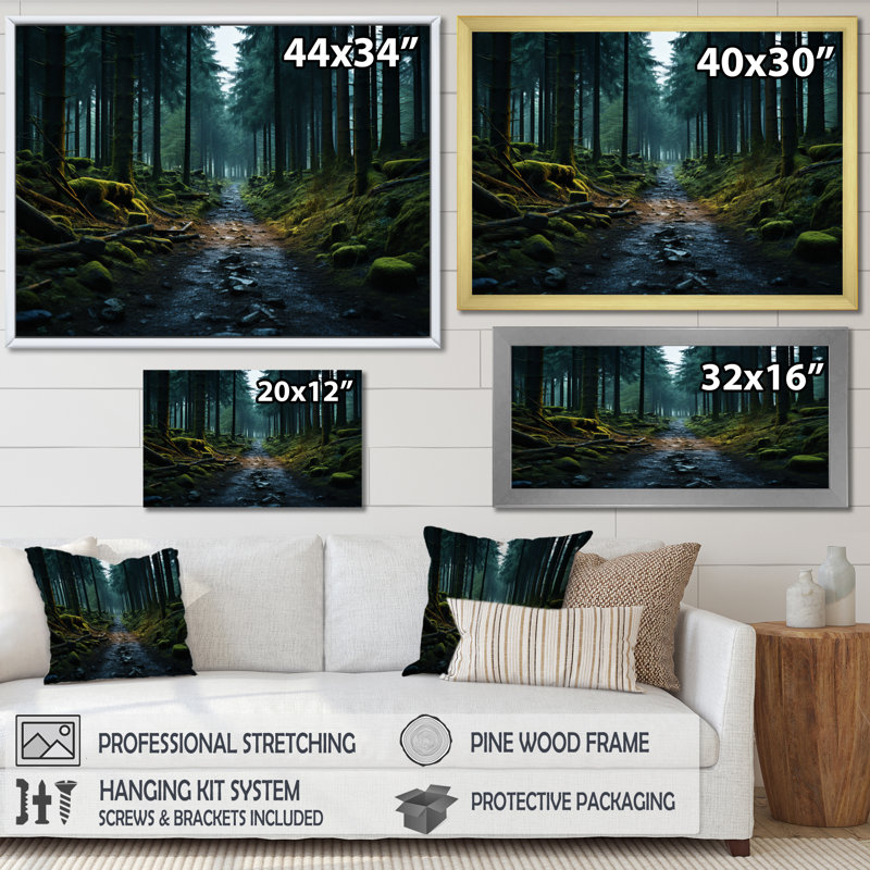 Grimonia Emerald Path to the Forest - impression, Cadre doré simple, H 16 po x l 32 po x P 1 po