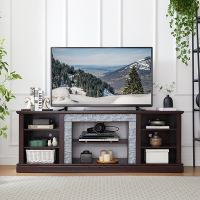 Large Faux Stacked Stone TV Stnad, Desk Storage Rack, Media Console Table With Large Storage Cabinet,Modern TV Media Entertaionment Stand,Cherry, 70.12"W*15.35"D*25.83"H