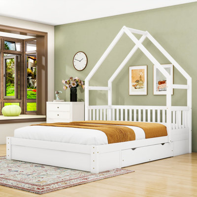 Queen Size House-Shaped Wooden Platform Bed with Storage Drawers and Guardrails by Harper Orchard