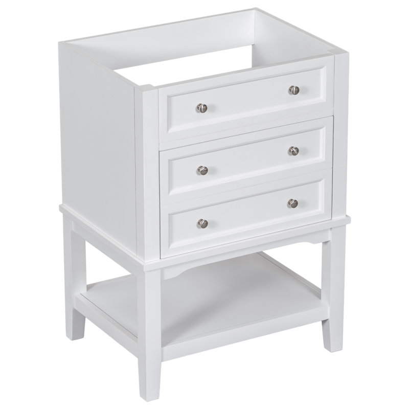 Meuble-lavabo 24 po sans lavabo, base seulement, structure en bois massif, armoire de rangement avec tiroir et tablette ouverte, blanc