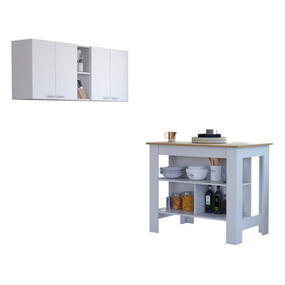 7-Shelf 4-Door 2-Piece Kitchen Set, Upper Wall Cabinet And Kitchen Island