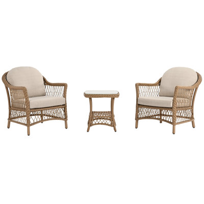 Kyla 3-Piece Wicker Patio Conversation Set With Side Table And Beige Cushions
