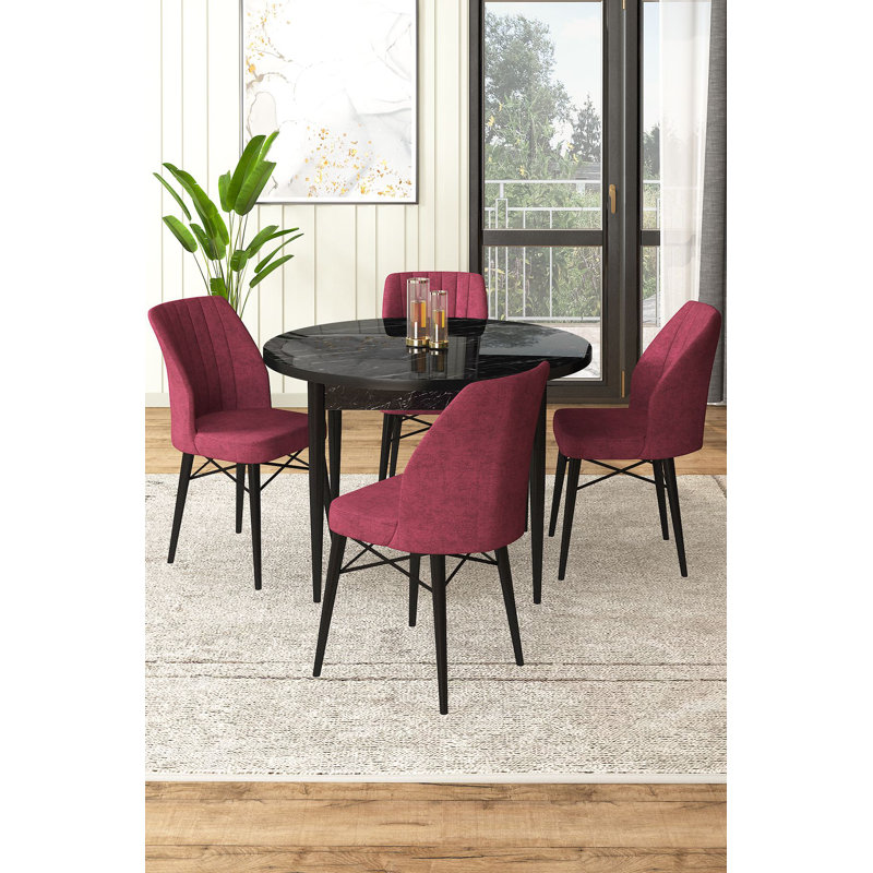 Ensemble de table et chaises de salle à manger moderne 5 pièces, marbre noir et bourgogne, 35,4 po x 29,5 po x 35,4 po | Panneau de particules 100% mélaminé avec pieds en bois et structure en métal | Sièges confortables avec dossier en mousse 22 po et siège en mousse 28 po