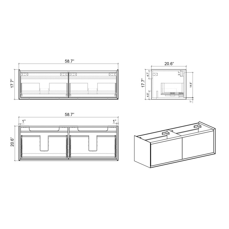 Meuble-lavabo double 60 po avec lavabo intégré noir et deux tiroirs Mapuana Mapuana