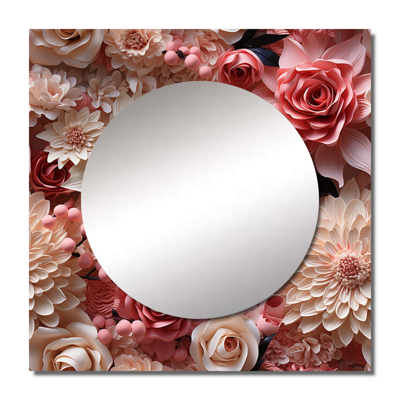 Rose et blanc, dentelle romantique chuchotant des fleurs - grand miroir carré floral pour décoration murale, 23 po x 23 po