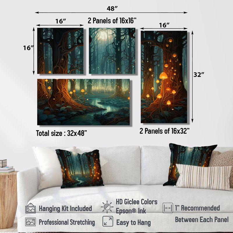 «Glowing Lights In The Full Moon Forest Magic», art mural traditionnel 4 pièces, Impression encadrée sans passe-partout, Noir