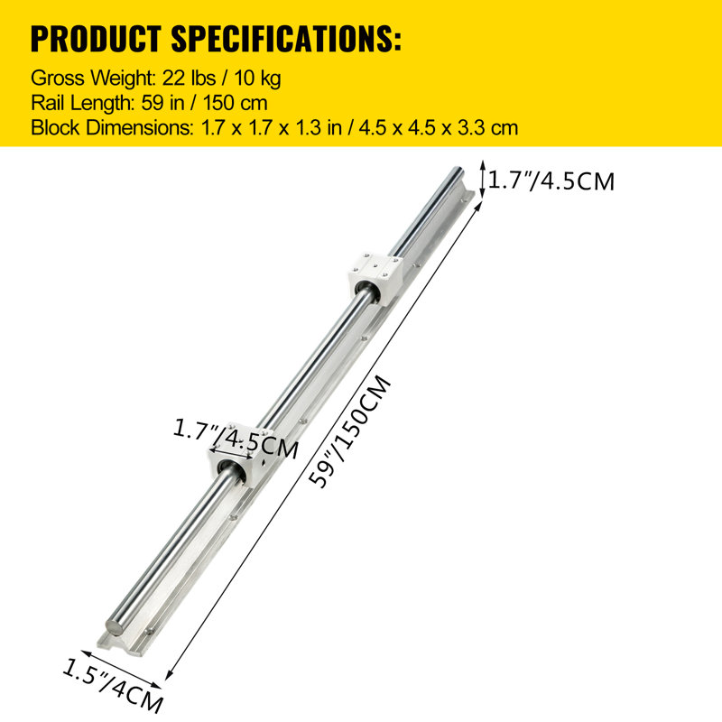 Rail linéaire SBR16-1500mm 2PCs Rail linéaire avec 4 blocs SBR16UU