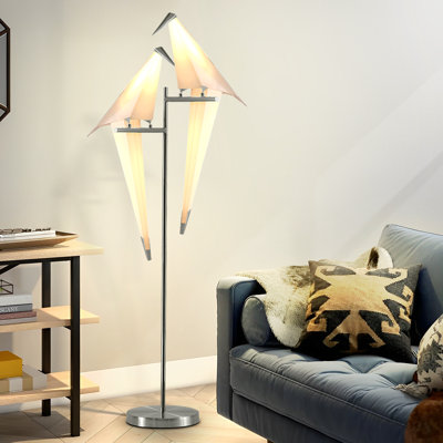 Silver Iron Bird Floor Lamp Standing Origami Double Crane Led Light Living Room