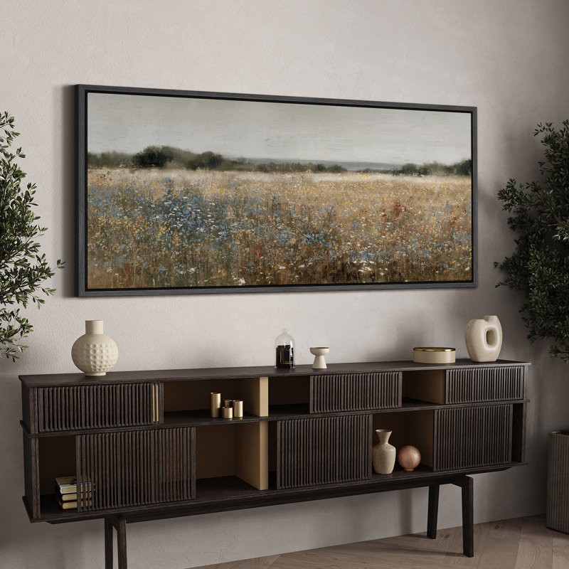 Grande impression sur toile encadrée - impression de paysage de champ de fleurs sauvages rétro pour décor de maison de campagne moderne
