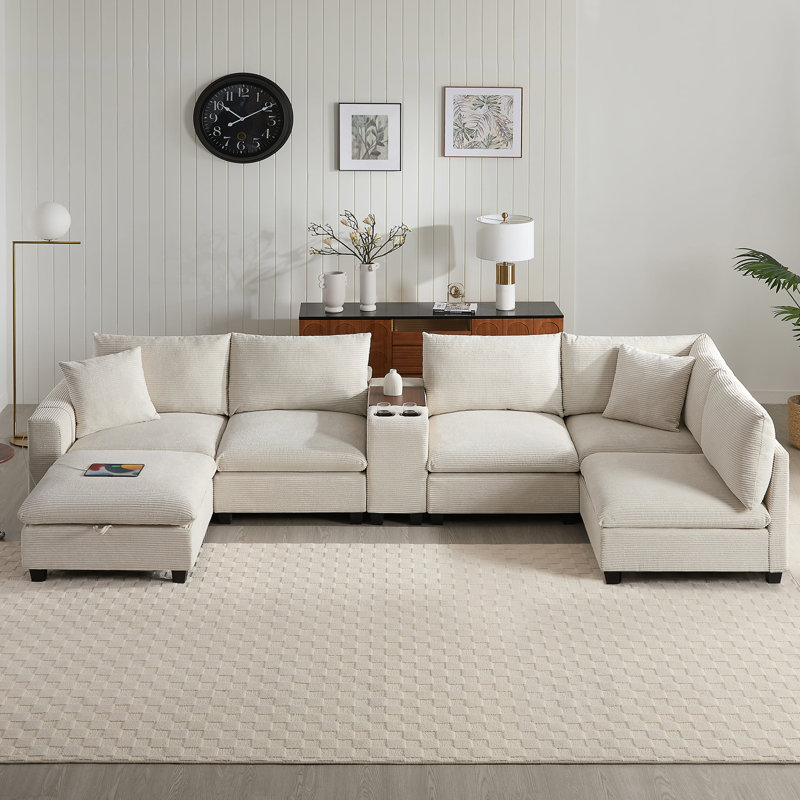 Canapé modulaire surdimensionné de 140 po avec repose-pieds et chargeur USB, Velours côtelé beige