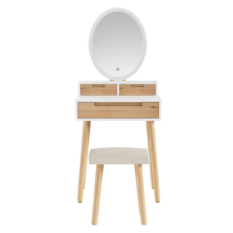Barther Vanity Table Set with Adjustable Brightness Mirror and Cushioned Stool
