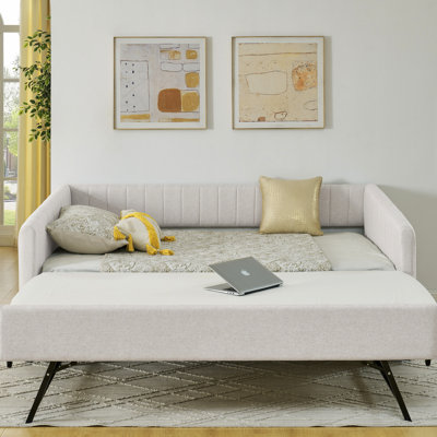 Lit de jour pleine grandeur, gigogne, rembourré, lin beige, rayures verticales, sièges moelleux et confortables, lit de jour en tissu de lin avec couchette à espaces multiples et confort optimal pour une chambre familiale convenable