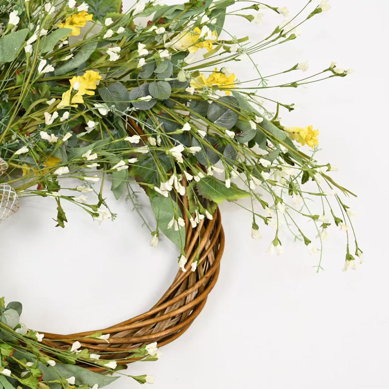 Couronne de porte de 26 po à motif de fleurs sauvages artificielles printemps et été, Vert/blanc