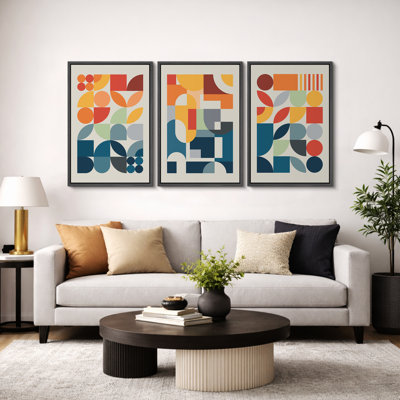 Abstrait, couleurs vives et abstraites «Œuvre abstraite et audacieuse bleu orange contemporain, images bohème de style Mid-Century moderne, impression numérique sur toile 3 pièces  