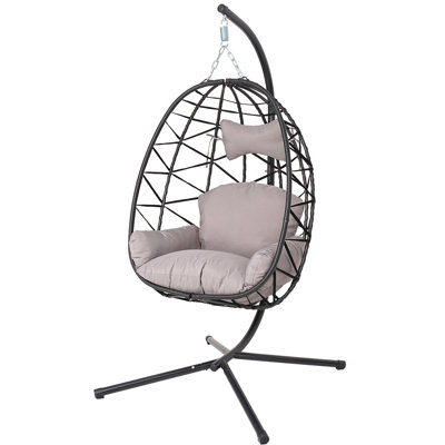 Egg-Shaped Hammock Chair, Swing Egg Chair, Wicker Hanging Chair with Removable Washable Cushion - Sturdy Metal Stand, Breathable Woven Design 350lbs Capacity for Indoor Outdoor Patio Living Room Etc (Black+Light Grey)