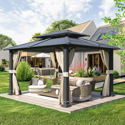 12'x14' Hardtop Gazebo - Double Roof Metal Canopy With Aluminum Frame, Includes Netting And Curtains, Permanent Pavilion For Patio, Backyard, Deck, And Lawn