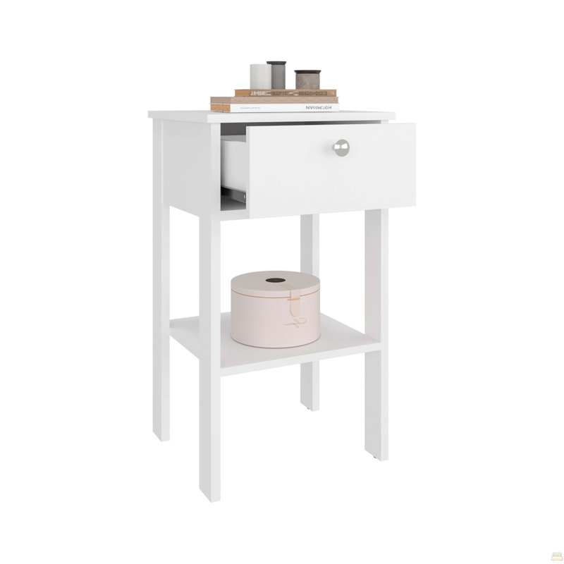 Nightstand With One Drawer And Open Shelf, Modern Bedside Table, White