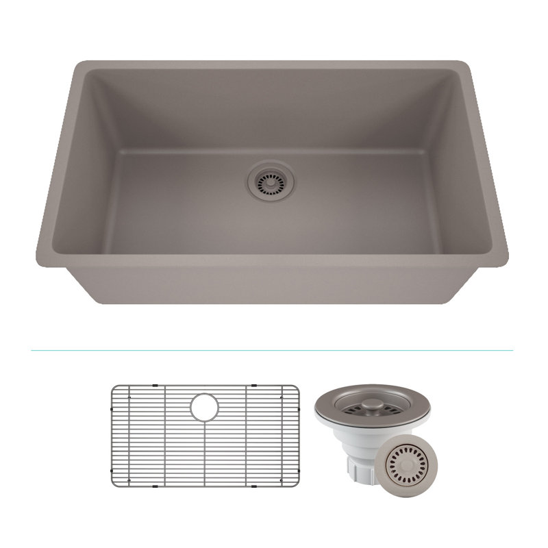 Évier de cuisine 32 po x 19 po en quartz, évier à simple cuve, évier encastré, évier sous comptoir, évier de cuisine en granite, avec grilles en acier et crépine, bride d'évacuation