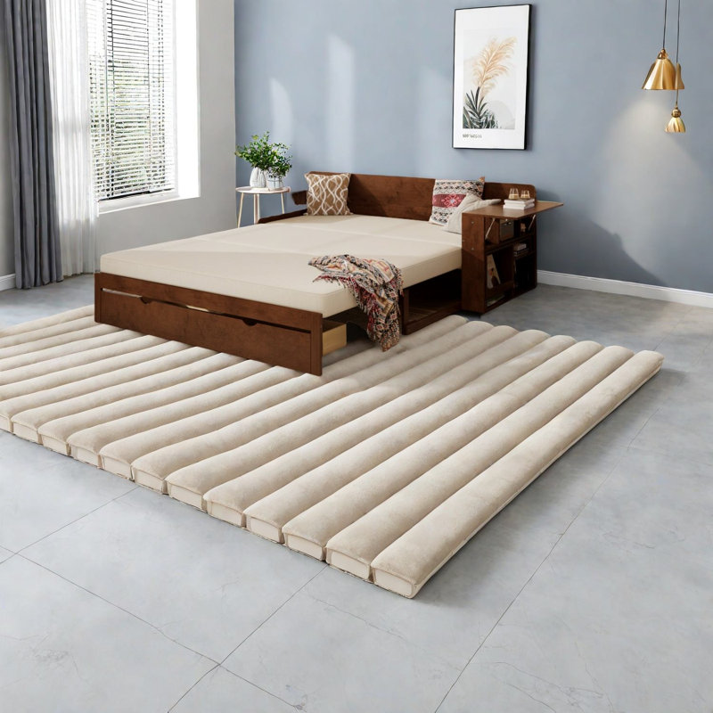 Grand lit multifonctionnel avec rangement, bois, usage domestique moderne
