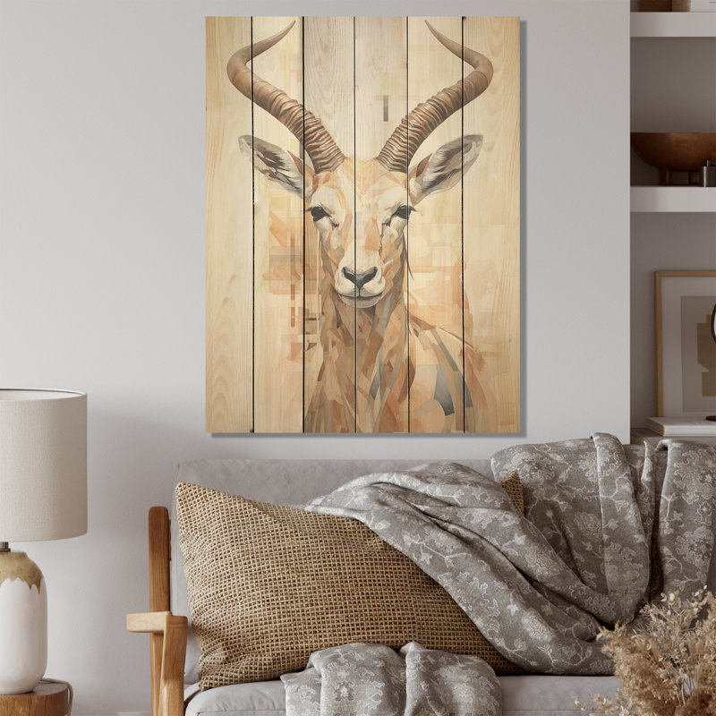 Minimalisme beige antilope bouquetin I - art mural en bois d'antilope sur bois de pin naturel, H 32 po x l 24 po