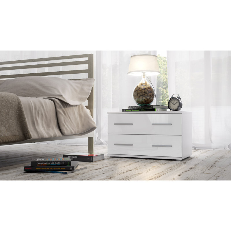 Janney 60cm W Wood Bedside Table, Matt white/Glossy white
