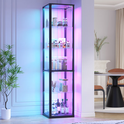Modern Corner Display Cabinet with App-Controlled RGB Lighting & Motion Sensor - Tall Glass Curio Cabinet with Lock