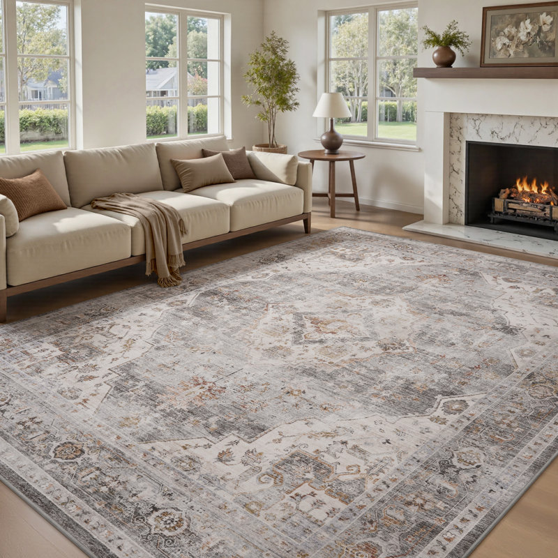 Tapis oriental gris doux lavable à la machine pour le salon, la chambre à coucher, Gris, Rectangle 9 pi x 12 pi