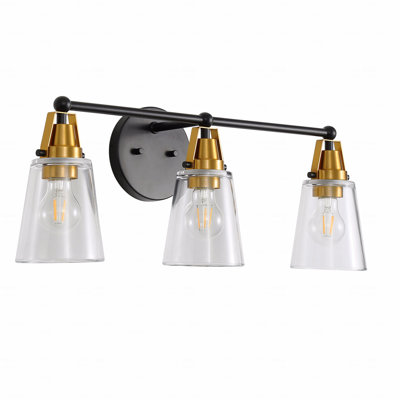 Modern Style 3-Light Configuration In Black Finish Metal Material+Bronze For Bathroom Use Vanity Light Fixture Fixture With Clear Glass Material Shade, E26 With Wall Sconce Installation For Over Mirror Placement