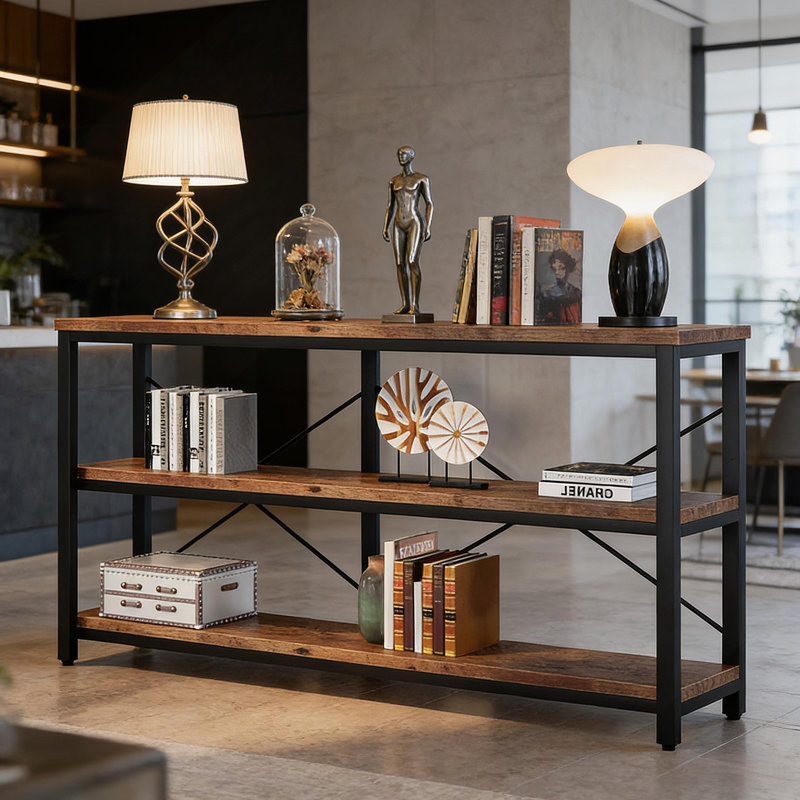 Console Table,3-Tier Hall Storage Shelf,Sofa Table, Black/Rustic Oak