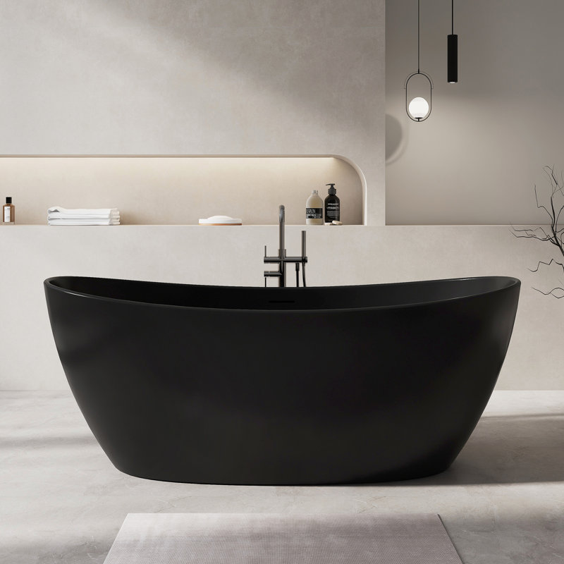 Fslefay 65''x 33'' Black Freestanding Bathtub Solid Surface Deep Soaking Tubs, Matte Black