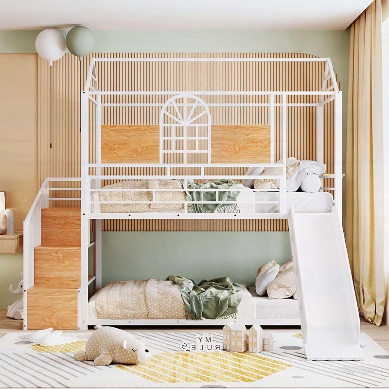 Lit simple superposé en métal avec glissade, escalier de rangement et maisonnette pour chambre d'enfant, Blanc