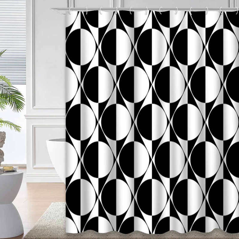 Rideau de douche géométrique noir et blanc avec 12 crochets, L 72 po x l 72 po