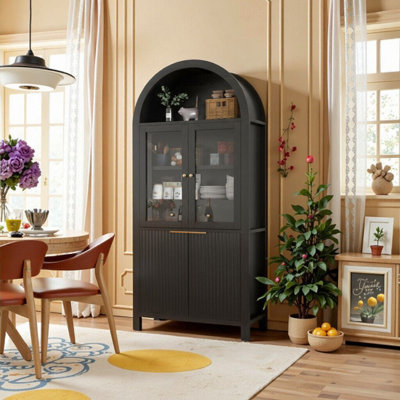 71" Fluted Tall Arched Pantry Cabinet with Adjustable Shelves & Glass Door, Black Display Storage Cabinet