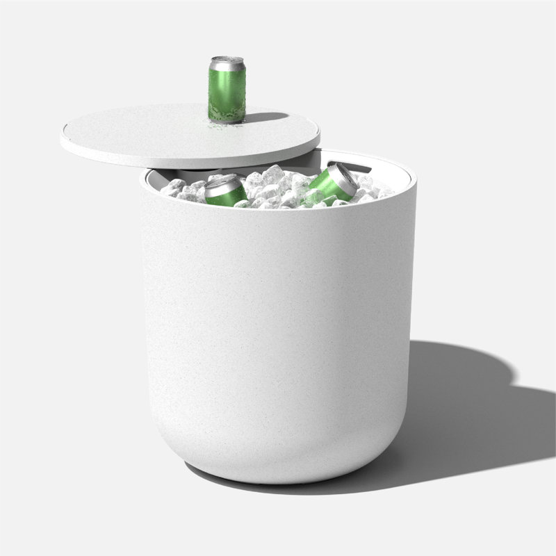 White Round Concrete-Plastic Outdoor Side Table with Cooler Function
