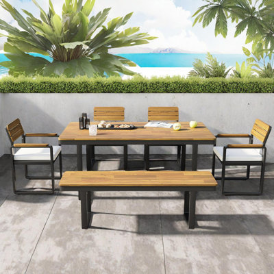 6-Piece Acacia Wood Outdoor Dining Set with Table, 4 Cushioned Chairs and Bench for Patio Garden Backyard