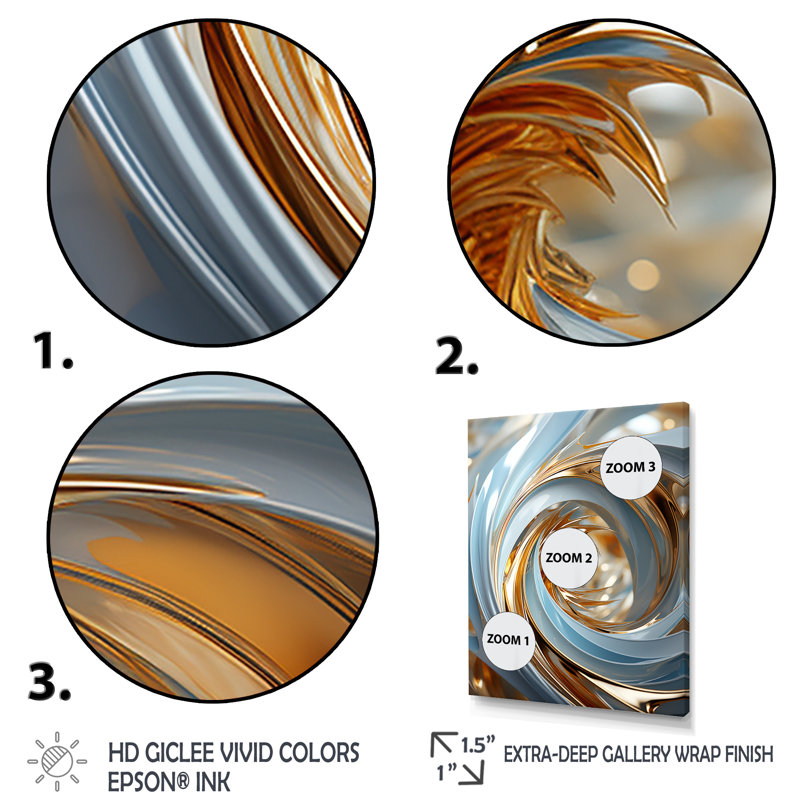 Spirale abstraite blanche et dorée - spirales abstraites, H 44 po x l 34 po x P 1,5 po, Cadre simple noir