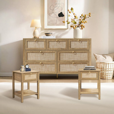 Boho Rattan 3 Piece Bedroom Set, 7-drawer Dresser And 2 Nightstands, Space-saving Design