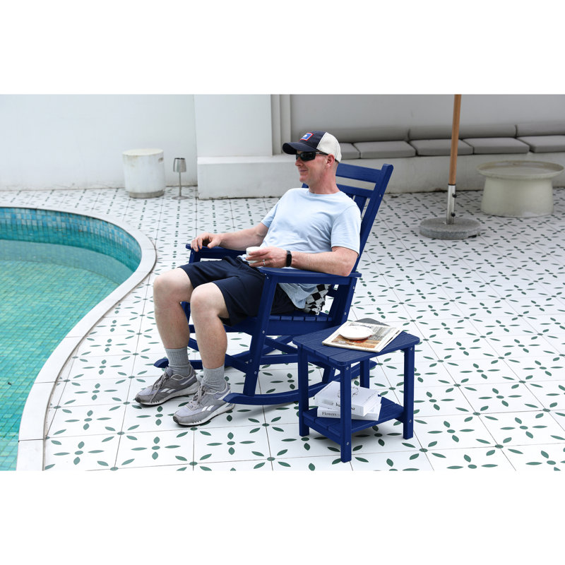 Rocking Chair With Side Table In Navy Blue. Ergonomic For Reduced Stress. Widened And Contoured Seat. 32.5"D X 25.9"W 41.7"H. Supports Up To 380 Lbs. 30-Min Partial Installation. Made Of 304