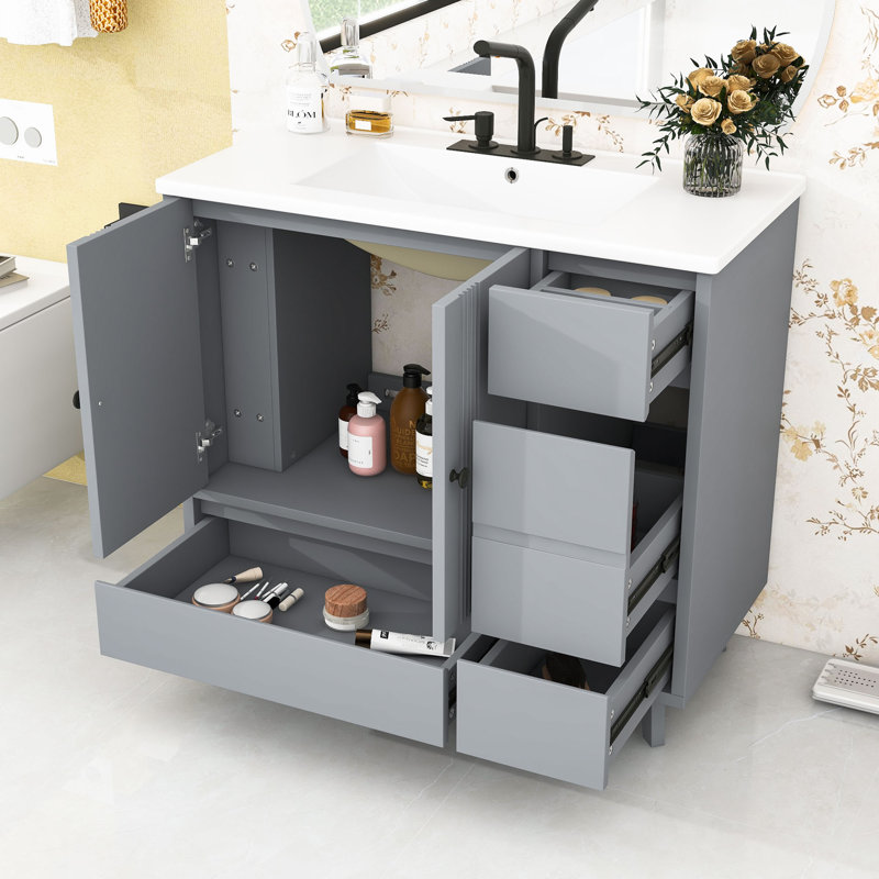 Meuble-lavabo de salle de bain avec lavabo et tiroirs de rangement, Gris