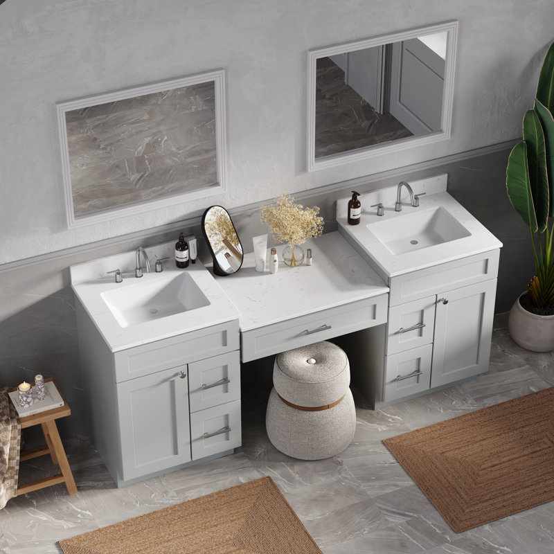 78'' Double Bathroom Vanity With Carrara Quartz Top, Gray