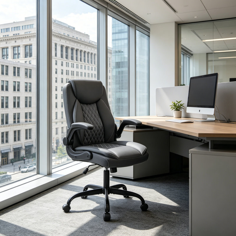 Leather Office Chair, Ergonomic Home Office Desk Chair, Back Support Swivel Executive Office Chair with Wheels and Flip-Up Armrests, Small Gaming Chair with Adjustable Rocking Function, Grey